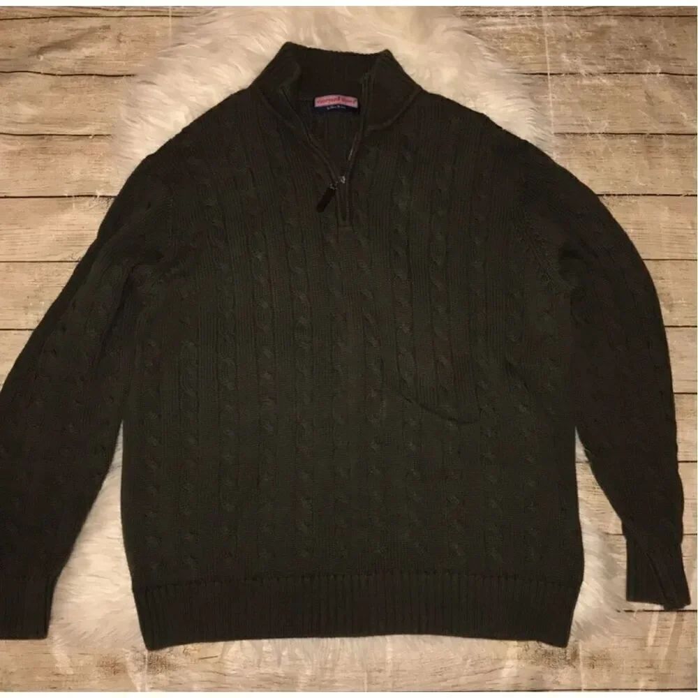 Vineyard Vines Men’s Chunky Quarter Zip Sweater Cable knit Olive Green READ L